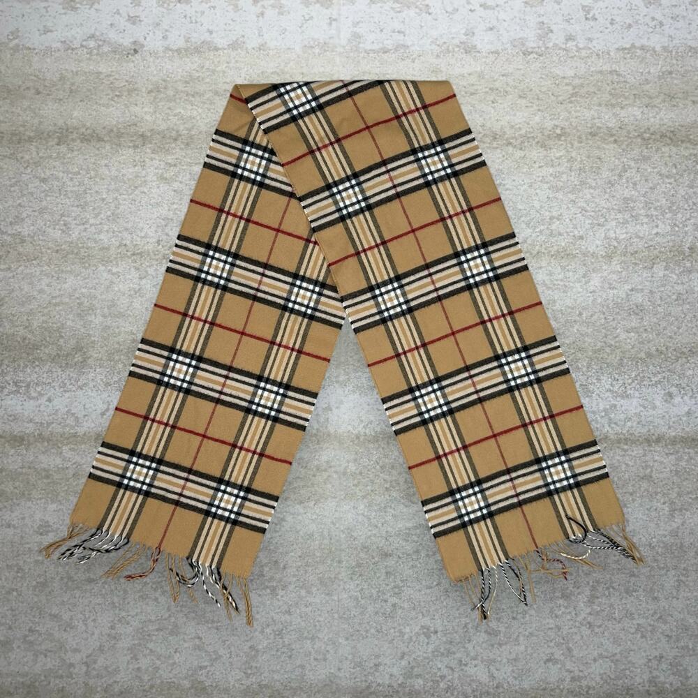 Vintage Y2K Plaid Scarf 64"x12" Tan Black Red Stripes